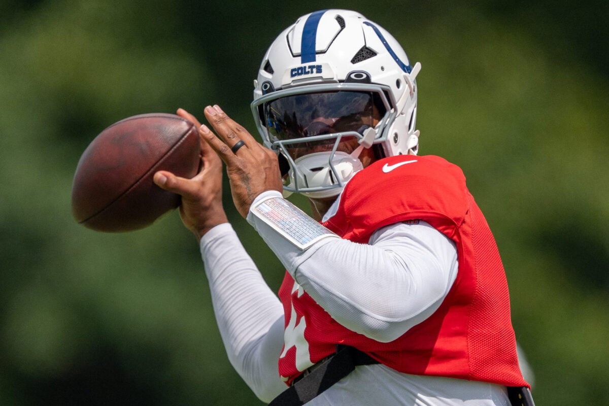 Indianapolis Colts quarterback Anthony Richardson Sr. (5) drops back to pass Wednesday, Aug. 19, 2026, during a joint practice with the Atlanta Falcons at Grand Park in Westfield.