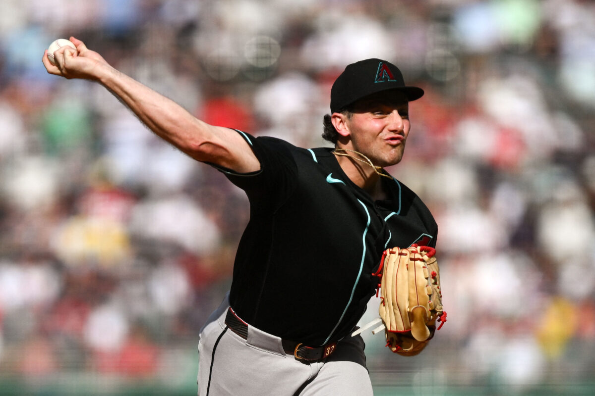 Aug 19, 2026; Boston, Massachusetts, USA; Arizona Diamondbacks starting pitcher Brandon Pfaadt (32) pitches against the Boston Red Sox during the first inning at Fenway Park. Mandatory Credit: Brian Fluharty-Imagn Images