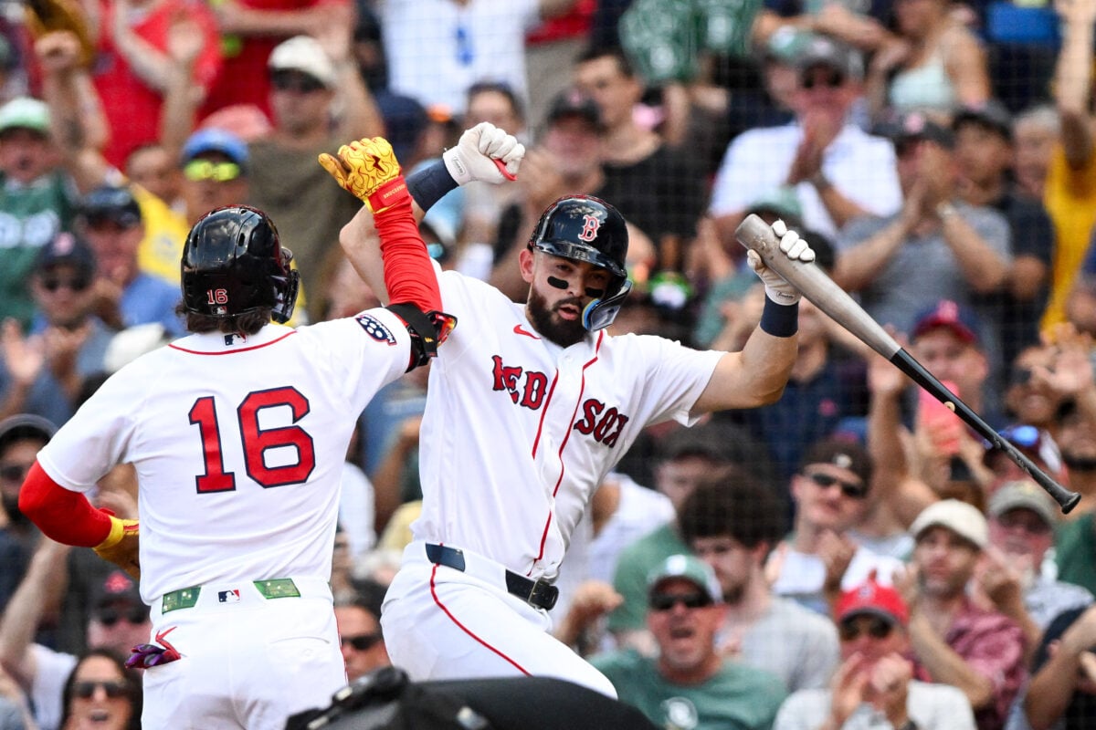 Aug 19, 2026; Boston, Massachusetts, USA; Boston Red Sox left fielder Jarren Duran (16) celebrates with catcher Connor Wong (12) after hitting a solo home run against the Arizona Diamondbacks during the third inning at Fenway Park. Mandatory Credit: Brian Fluharty-Imagn Images