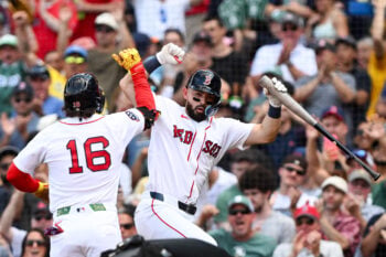 Aug 19, 2026; Boston, Massachusetts, USA; Boston Red Sox left fielder Jarren Duran (16) celebrates with catcher Connor Wong (12) after hitting a solo home run against the Arizona Diamondbacks during the third inning at Fenway Park. Mandatory Credit: Brian Fluharty-Imagn Images
