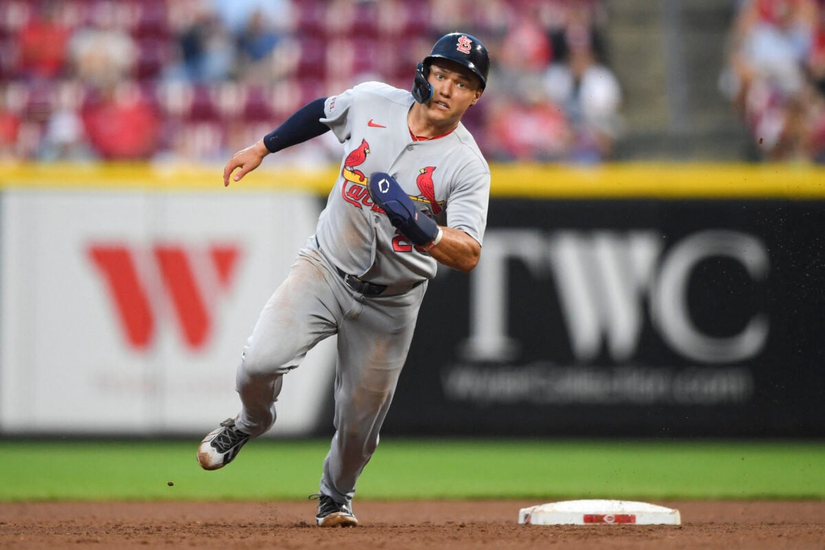 Aug 19, 2026; Cincinnati, Ohio, USA; St. Louis Cardinals second baseman JJ Wetherholt (26) runs to third base on a single by first baseman Alec Burleson (not pictured) during the fifth inning against the Cincinnati Reds at Great American Ball Park. Mandatory Credit: Tanner Pearson-Imagn Images
