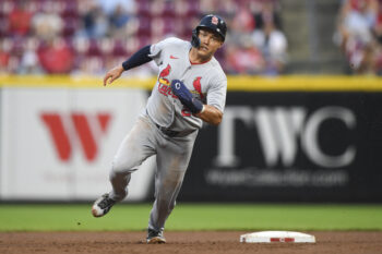 Aug 19, 2026; Cincinnati, Ohio, USA; St. Louis Cardinals second baseman JJ Wetherholt (26) runs to third base on a single by first baseman Alec Burleson (not pictured) during the fifth inning against the Cincinnati Reds at Great American Ball Park. Mandatory Credit: Tanner Pearson-Imagn Images