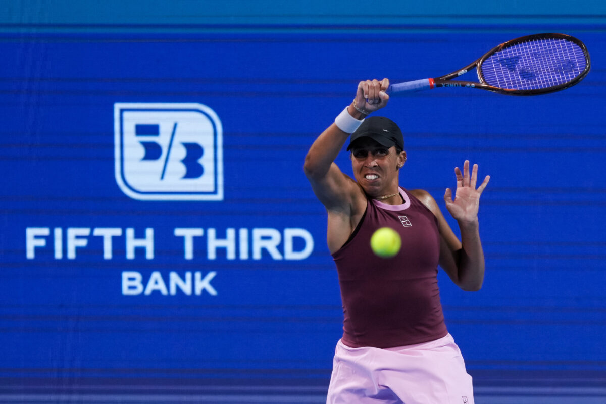 Aug 19, 2026; Mason, OH, USA; Madison Keys (USA) returns a shot against Xiyu Wang (CHN) during the Cincinnati Open at Lindner Family Tennis Center. Mandatory Credit: Aaron Doster-Imagn Images