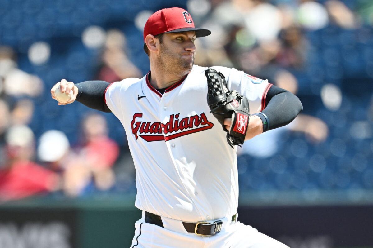 Aug 20, 2026; Cleveland, Ohio, USA; Cleveland Guardians pitcher Gavin Williams (32) throws a pitch during the first inning against the San Francisco Giants at Progressive Field. Mandatory Credit: Ken Blaze-Imagn Images