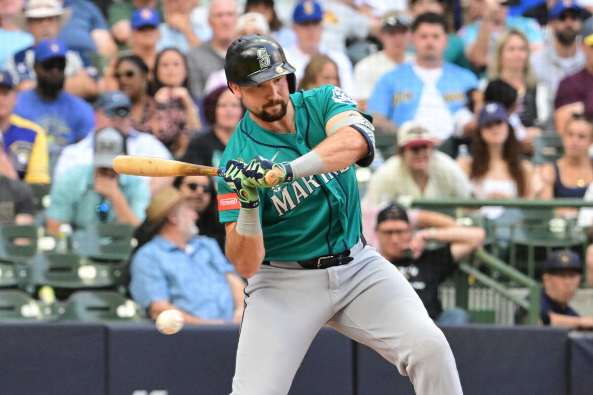 Aug 20, 2026; Milwaukee, Wisconsin, USA;  Seattle Mariners catcher Cal Raleigh (29) draws a walk in the eighth inning against the Milwaukee Brewers at American Family Field.  Mandatory Credit: Benny Sieu-Imagn Images