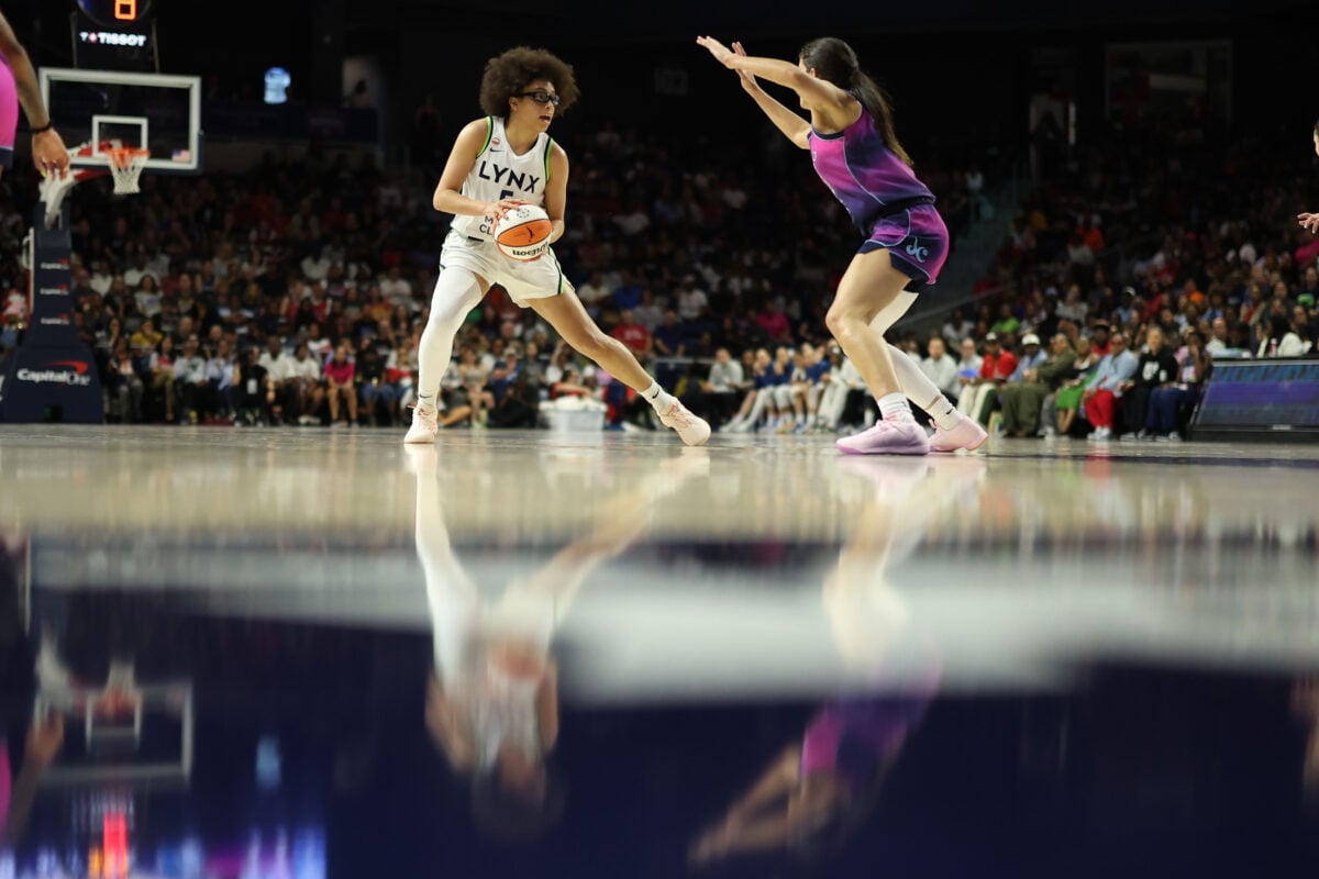 Aug 21, 2026; Washington, District of Columbia, USA; Minnesota Lynx guard Olivia Miles (5) steps back to shoot as Washington Mystics guard Sonia Citron (22) defends in the second half at CareFirst Arena. Mandatory Credit: Geoff Burke-Imagn Images