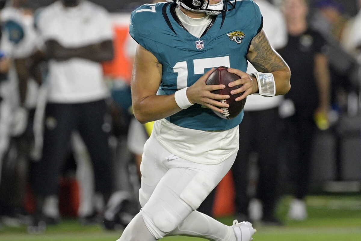 Aug 21, 2026; Jacksonville, Florida, USA;  Jacksonville Jaguars quarterback Joey Aguilar (17) looks to throw during the third quarter of the preseason game against the Carolina Panthers at EverBank Stadium.  Mandatory Credit: Melina Myers-Imagn Images