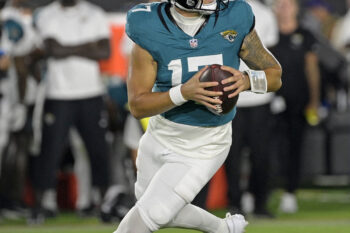 Aug 21, 2026; Jacksonville, Florida, USA;  Jacksonville Jaguars quarterback Joey Aguilar (17) looks to throw during the third quarter of the preseason game against the Carolina Panthers at EverBank Stadium.  Mandatory Credit: Melina Myers-Imagn Images