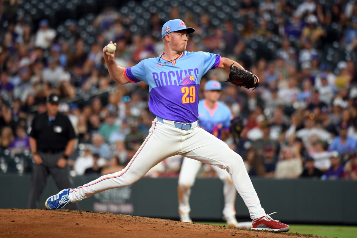 Aug 21, 2026; Denver, Colorado, USA; Colorado Rockies pitcher Tanner Gordon (29) pitches in the fourth inning against the Cleveland Guardians at Coors Field. Mandatory Credit: Christopher Hanewinckel-Imagn Images