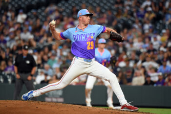 Aug 21, 2026; Denver, Colorado, USA; Colorado Rockies pitcher Tanner Gordon (29) pitches in the fourth inning against the Cleveland Guardians at Coors Field. Mandatory Credit: Christopher Hanewinckel-Imagn Images