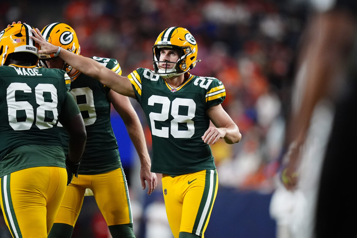 Aug 21, 2026; Denver, Colorado, USA; Green Bay Packers kicker Trey Smack (28) celebrates kicking a field goal in the second half of a preseason game against the Denver Broncos at Empower Field at Mile High. Mandatory Credit: Ron Chenoy-Imagn Images