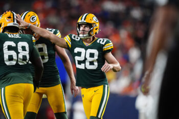 Aug 21, 2026; Denver, Colorado, USA;  Green Bay Packers kicker Trey Smack (28) celebrates  kicking a field goal in the second half of a preseason game against the Denver Broncos at Empower Field at Mile High.  Mandatory Credit: Ron Chenoy-Imagn Images