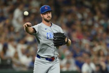 Aug 21, 2026; Seattle, Washington, USA; Chicago Cubs relief pitcher Colin Rea (53) throws to first base for a force out against the Seattle Mariners during the eighth inning at T-Mobile Park. Mandatory Credit: Steven Bisig-Imagn Images