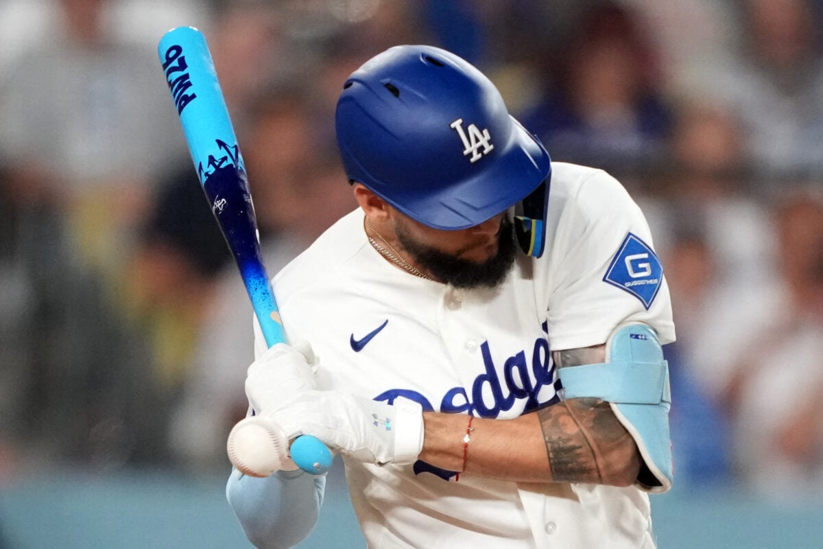 Aug 21, 2026; Los Angeles, California, USA; Los Angeles Dodgers center fielder Andy Pages (44) is hit by a pitch in the third inning against the Pittsburgh Pirates  at Dodger Stadium. Mandatory Credit: Kirby Lee-Imagn Images