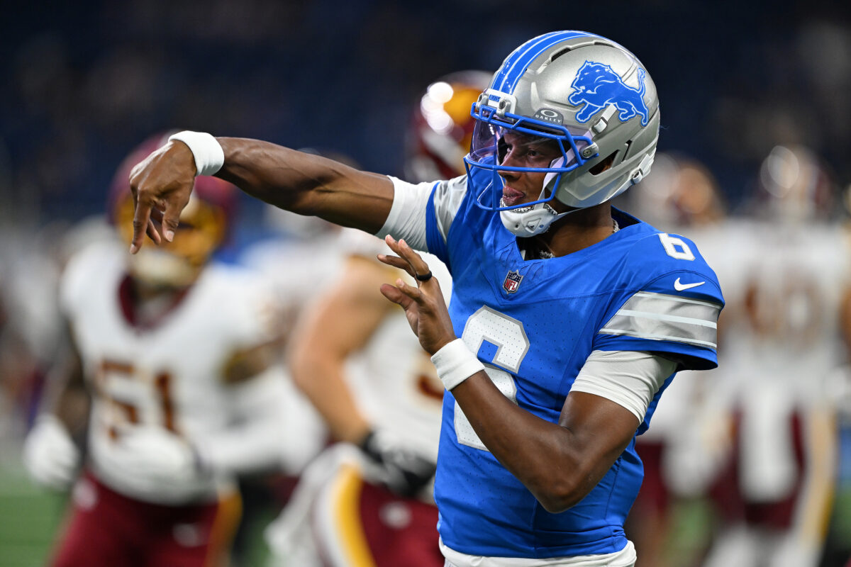Aug 22, 2026; Detroit, Michigan, USA; Detroit Lions quarterback Joshua Dobbs (6) throws passes during pregame warmups before their preseason game against the Washington Commanders at Ford Field. Mandatory Credit: Lon Horwedel-Imagn Images