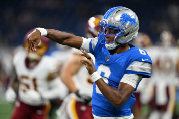 Aug 22, 2026; Detroit, Michigan, USA;  Detroit Lions quarterback Joshua Dobbs (6) throws passes during pregame warmups before their preseason game against the Washington Commanders at Ford Field.  Mandatory Credit: Lon Horwedel-Imagn Images