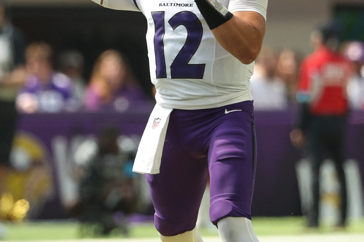 Aug 22, 2026; Minneapolis, Minnesota, USA; Baltimore Ravens quarterback Joe Fagnano (12) throws the ball against the Minnesota Vikings during the second half at U.S. Bank Stadium. Mandatory Credit: Matt Krohn-Imagn Images