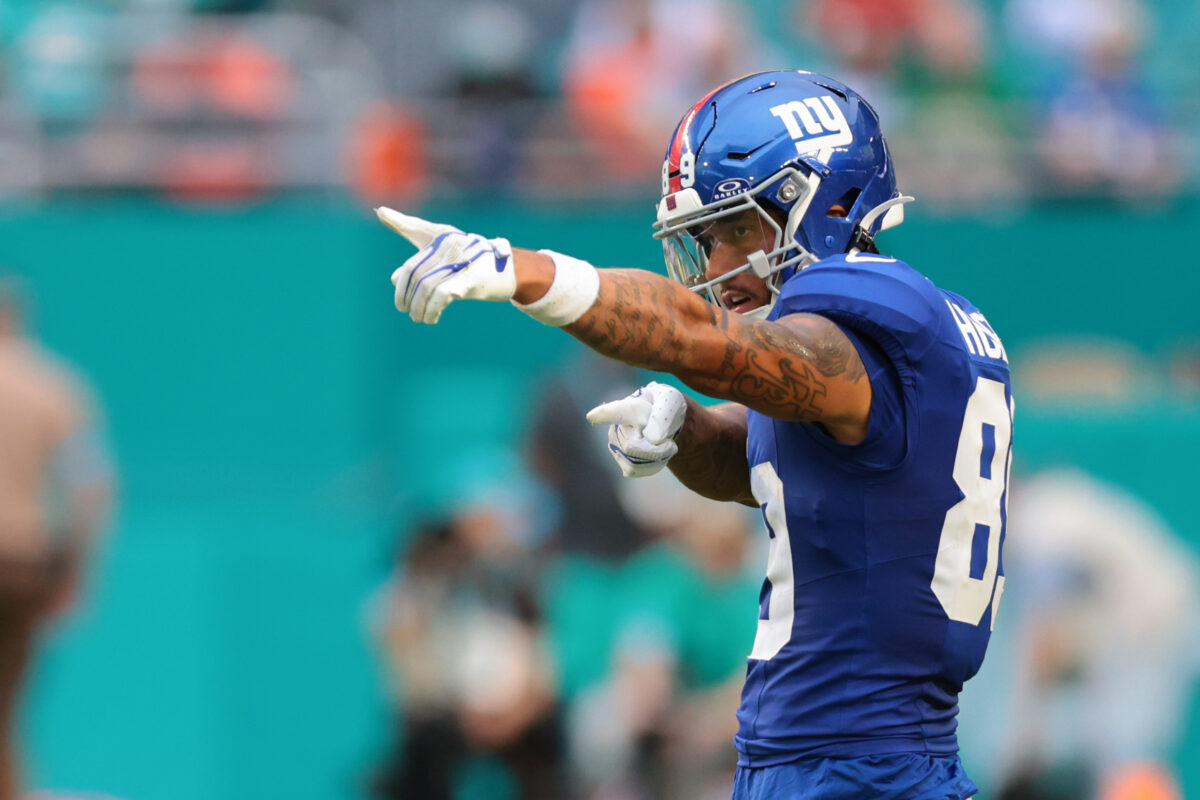 Aug 22, 2026; Miami Gardens, Florida, USA; New York Giants wide receiver Isaiah Hodgins (89) reacts after making a catch against the Miami Dolphins during the second half at Hard Rock Stadium. Mandatory Credit: Sam Navarro-Imagn Images