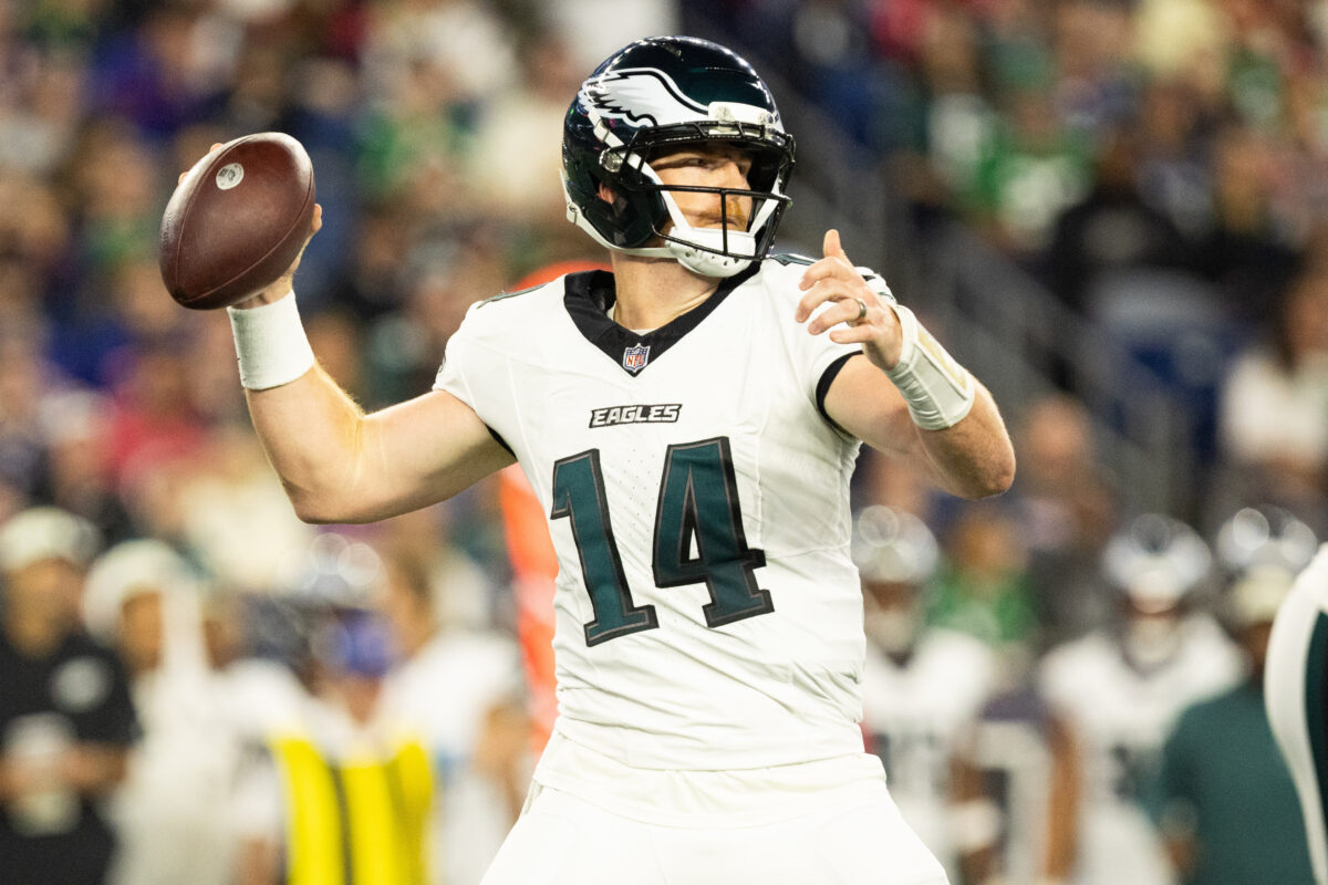 Aug 22, 2026; Foxborough, Massachusetts, USA;  Philadelphia Eagles quarterback Andy Dalton (14) throws the ball in the first half against the New England Patriots at Gillette Stadium.  Mandatory Credit: Edward Finan-Imagn Images
