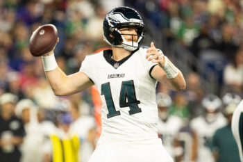 Aug 22, 2026; Foxborough, Massachusetts, USA;  Philadelphia Eagles quarterback Andy Dalton (14) throws the ball in the first half against the New England Patriots at Gillette Stadium.  Mandatory Credit: Edward Finan-Imagn Images