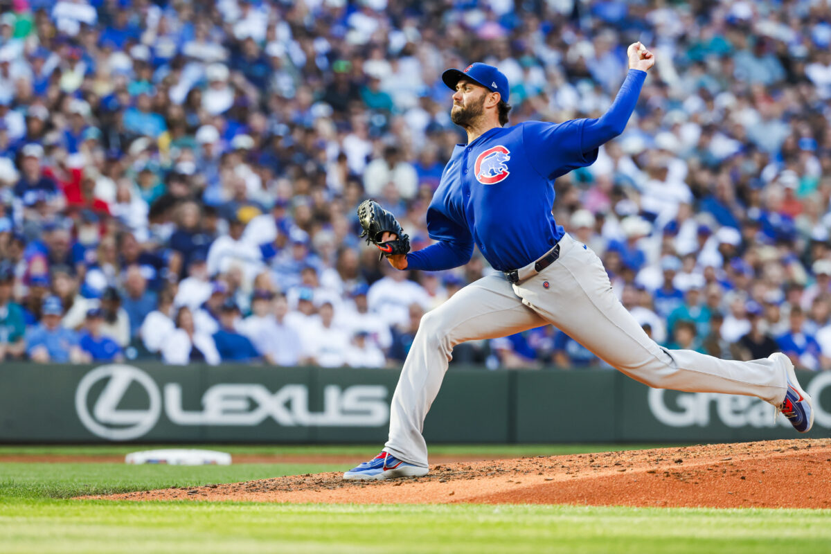 Aug 22, 2026; Seattle, Washington, USA; Chicago Cubs pitcher David Peterson (19) throws against the Seattle Mariners during the sixth inning at T-Mobile Park. Mandatory Credit: Joe Nicholson-Imagn Images