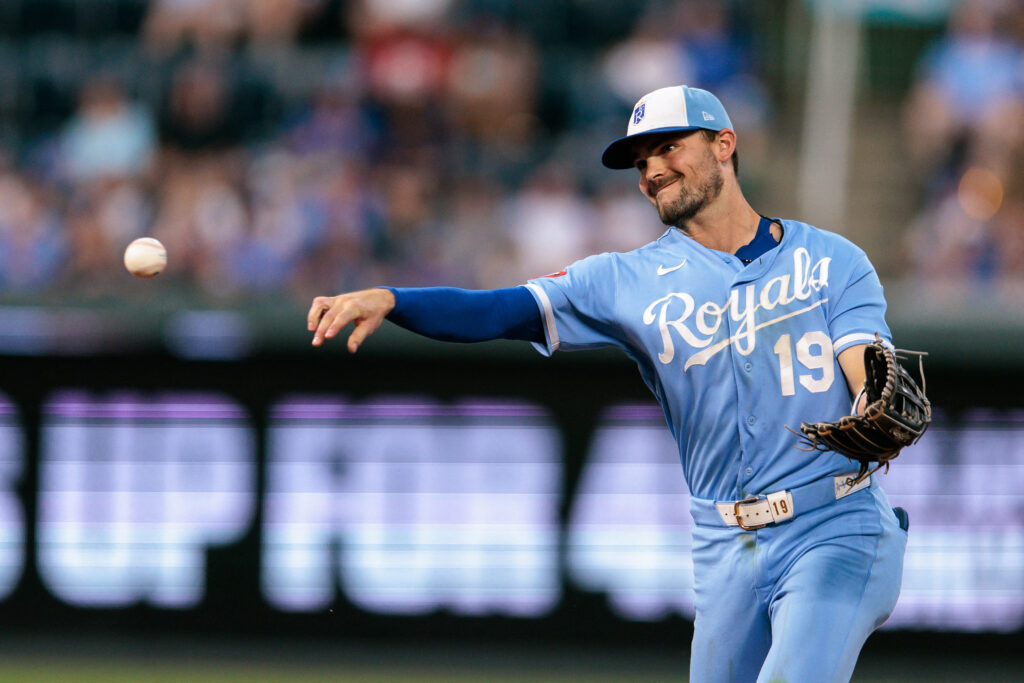 Aug 22, 2026; Kansas City, Missouri, USA;  Kansas City Royals second baseman Michael Massey (19) throws to first base during the seventh inning against the Detroit Tigers at Kauffman Stadium.  Mandatory Credit: William Purnell-Imagn Images