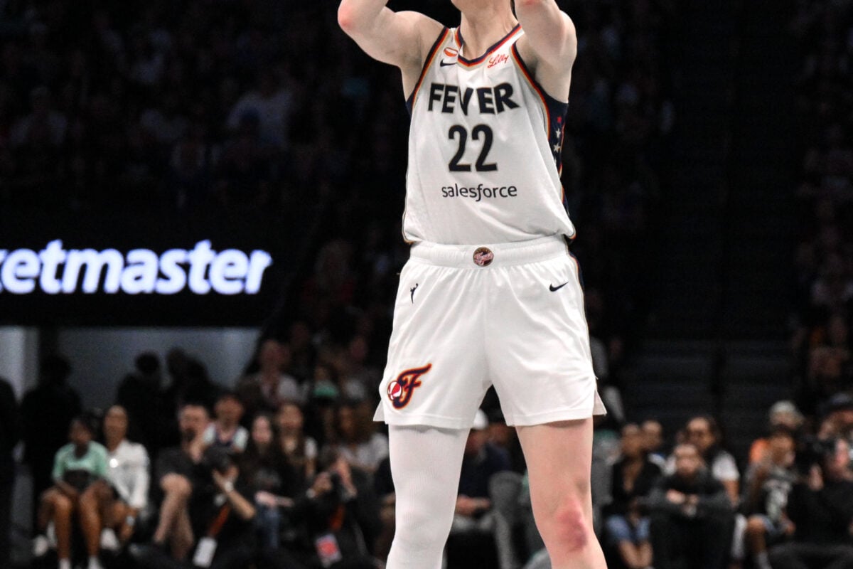 Aug 22, 2026; Brooklyn, New York, USA;  Indiana Fever guard Caitlin Clark (22) shoots the ball against the New York Liberty during the second half at Barclays Center.  Mandatory Credit: John Jones-Imagn Images