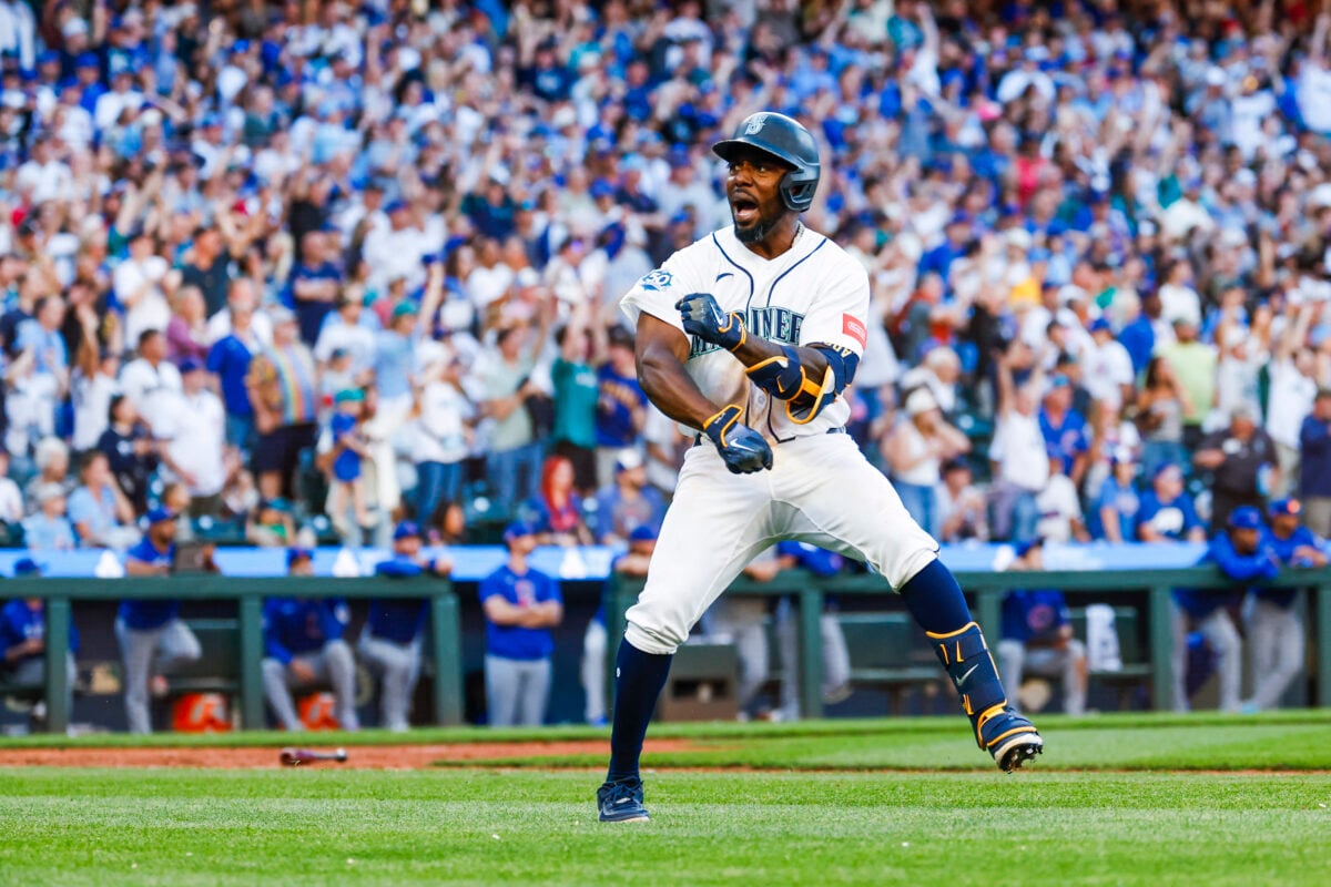 Aug 22, 2026; Seattle, Washington, USA; Seattle Mariners left fielder Randy Arozarena (56) reacts after hitting a walk-off two-run home run against the Chicago Cubs during the ninth inning at T-Mobile Park. Mandatory Credit: Joe Nicholson-Imagn Images
