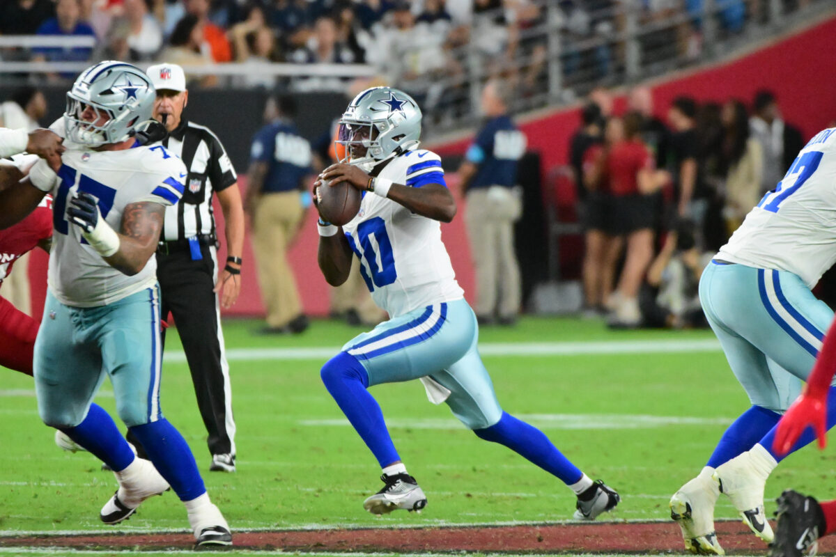 Aug 22, 2026; Glendale, Arizona, USA;  Dallas Cowboys quarterback Joe Milton III (10) scrambles in the first half against the Arizona Cardinals at State Farm Stadium.  Mandatory Credit: Matt Kartozian-Imagn Images