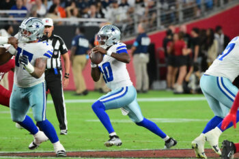 Aug 22, 2026; Glendale, Arizona, USA;  Dallas Cowboys quarterback Joe Milton III (10) scrambles in the first half against the Arizona Cardinals at State Farm Stadium.  Mandatory Credit: Matt Kartozian-Imagn Images