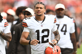 Aug 22, 2026; Cleveland, Ohio, USA; Cleveland Browns wide receiver Denzel Boston (12) during the first half at Huntington Bank Field. Mandatory Credit: Ken Blaze-Imagn Images