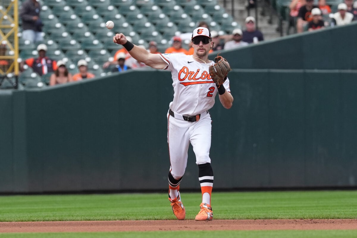 Aug 23, 2026; Baltimore, Maryland, USA;  Baltimore Orioles shortstop Gunnar Henderson (2) throws out Tampa Bay Rays third baseman Junior Caminero (13) (not pictured) after fielding a ground ball during the fourth inning at Oriole Park at Camden Yards.  Mandatory Credit: Gregory Fisher-Imagn Images