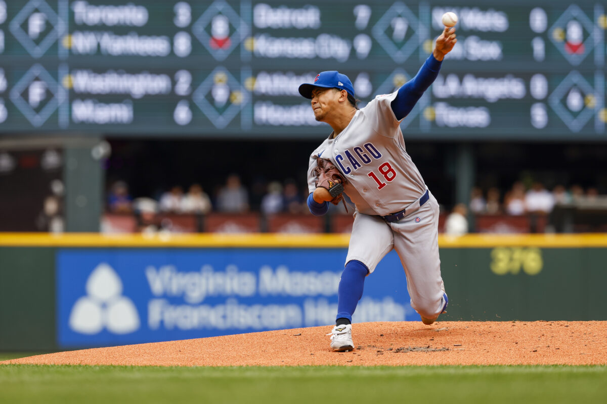 Aug 23, 2026; Seattle, Washington, USA; Chicago Cubs starting pitcher Shota Imanaga (18) throws against the Seattle Mariners during the first inning at T-Mobile Park. Mandatory Credit: Joe Nicholson-Imagn Images