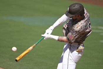 Aug 23, 2026; San Diego, California, USA;  San Diego Padres center fielder Jackson Merrill (3) hits a solo home run during the seventh inning against the Minnesota Twins at Petco Park.  Mandatory Credit: Denis Poroy-Imagn Images