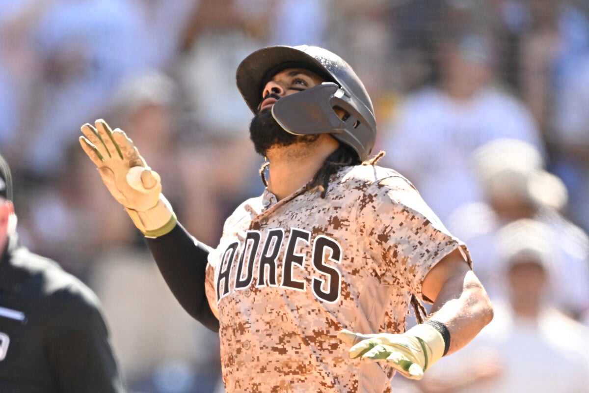 Aug 23, 2026; San Diego, California, USA; San Diego Padres right fielder Fernando Tatis Jr. (23) looks skywards after hitting a solo home run during the eighth inning against the Minnesota Twins at Petco Park. Mandatory Credit: Denis Poroy-Imagn Images