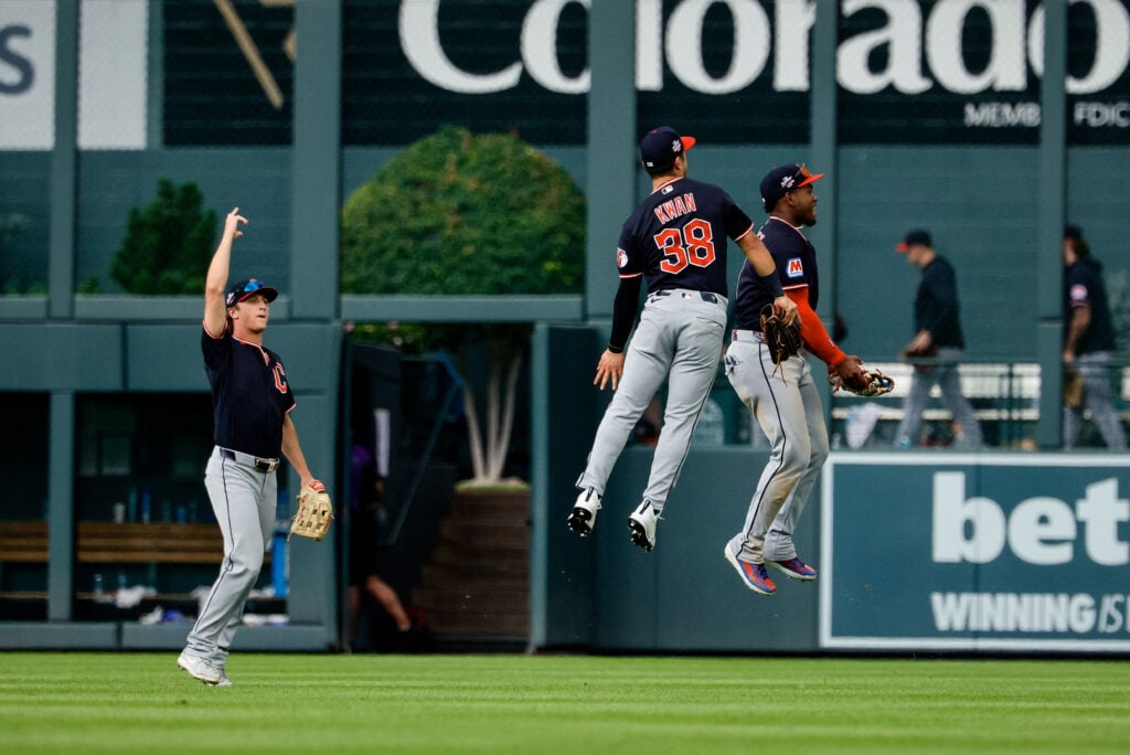Aug 23, 2026; Denver, Colorado, USA; Cleveland Guardians center fielder Petey Halpin (0) and center fielder Steven Kwan (38) and left fielder Angel Martinez (1) react after the game against the Colorado Rockies at Coors Field. Mandatory Credit: Isaiah J. Downing-Imagn Images