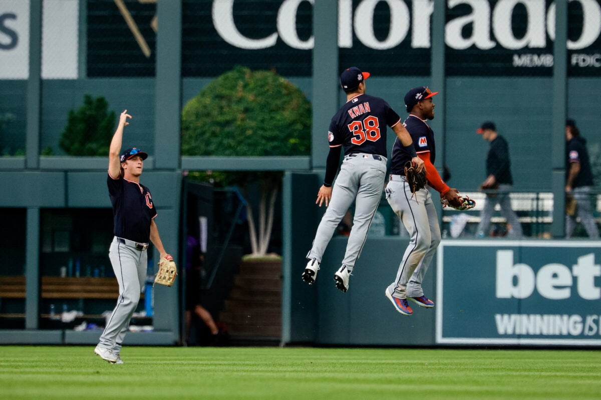 Aug 23, 2026; Denver, Colorado, USA; Cleveland Guardians center fielder Petey Halpin (0) and center fielder Steven Kwan (38) and left fielder Angel Martinez (1) react after the game against the Colorado Rockies at Coors Field. Mandatory Credit: Isaiah J. Downing-Imagn Images