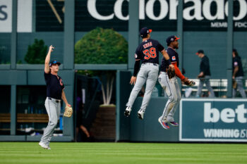 Aug 23, 2026; Denver, Colorado, USA; Cleveland Guardians center fielder Petey Halpin (0) and center fielder Steven Kwan (38) and left fielder Angel Martinez (1) react after the game against the Colorado Rockies at Coors Field. Mandatory Credit: Isaiah J. Downing-Imagn Images