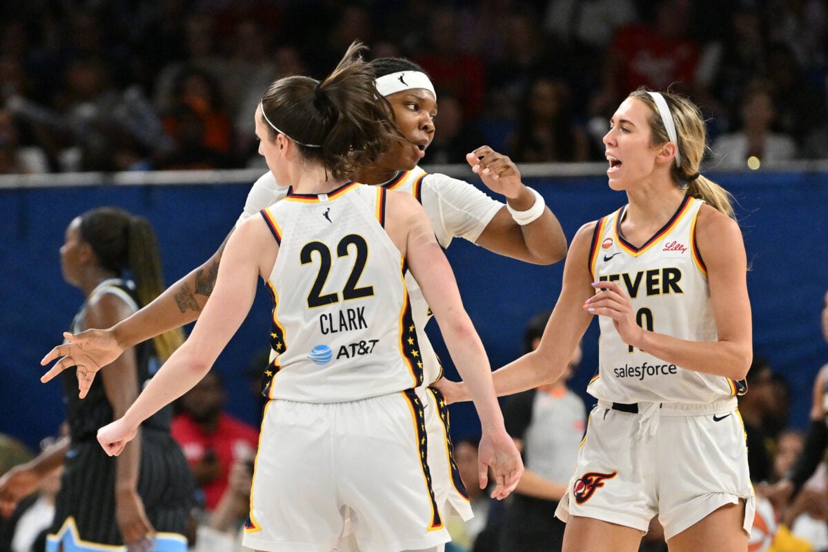 Aug 23, 2026; Chicago, Illinois, USA;  Indiana Fever forward Myisha Hines-Allen (2) celebrates with guard Caitlin Clark (22) and guard Lexie Hull (10) against the Chicago Sky during the second half at Wintrust Arena.  Mandatory Credit: Patrick Gorski-Imagn Images