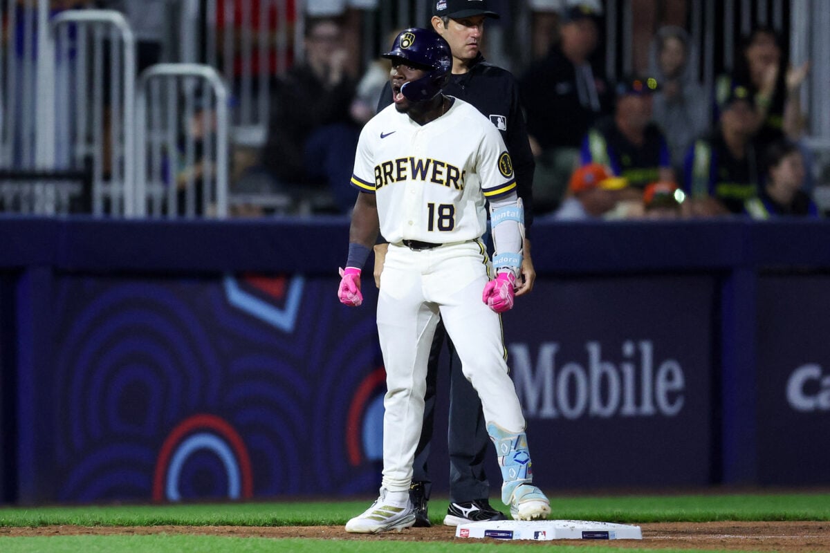 Aug 23, 2026; Williamsport, PA, USA; Milwaukee Brewers center fielder Luis Lara (18) reacts after hitting a triple during the eighth inning of the MLB Little League Classic against the Atlanta Braves at Journey Bank Ballpark at Historic Bowman Field. Mandatory Credit: Matthew O'Haren-Imagn Images