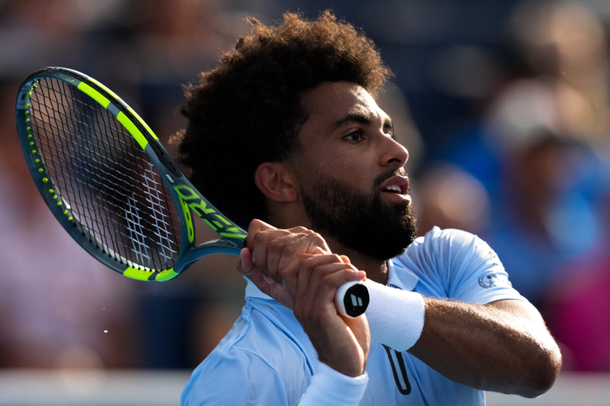 Aug 23, 2026; Cincinnati, OH, USA; Arthur Fils (FRA) returns a shot against Frances Tiafoe (USA) during the finals of the Cincinnati Open at Lindner Family Tennis Center. Mandatory Credit: Aaron Doster-Imagn Images