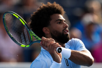Aug 23, 2026; Cincinnati, OH, USA;  Arthur Fils (FRA) returns a shot against Frances Tiafoe (USA) during the finals of the Cincinnati Open at Lindner Family Tennis Center. Mandatory Credit: Aaron Doster-Imagn Images