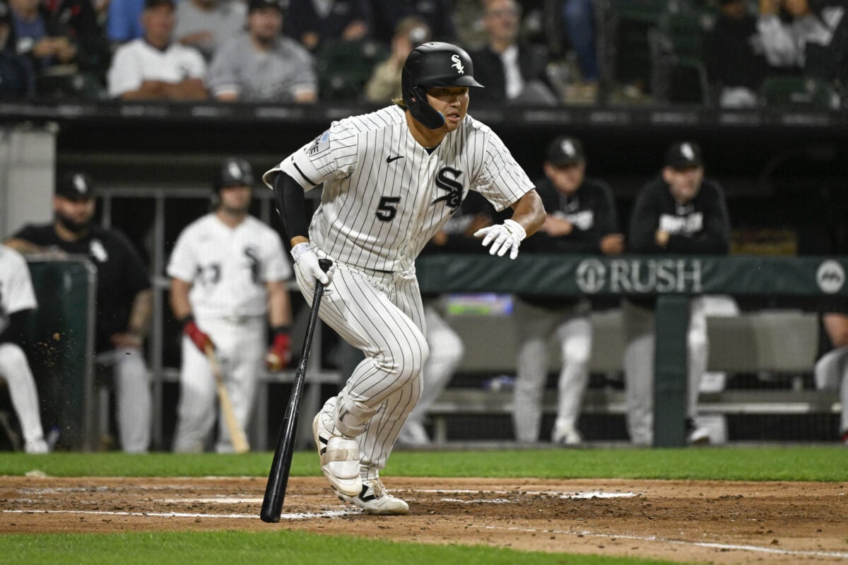 Aug 24, 2026; Chicago, Illinois, USA;  Chicago White Sox first baseman Munetaka Murakami (5) hits a single during the third inning against the Texas Rangers at Rate Field.  Mandatory Credit: Matt Marton-Imagn Images