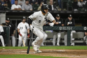 Aug 24, 2026; Chicago, Illinois, USA;  Chicago White Sox first baseman Munetaka Murakami (5) hits a single during the third inning against the Texas Rangers at Rate Field.  Mandatory Credit: Matt Marton-Imagn Images