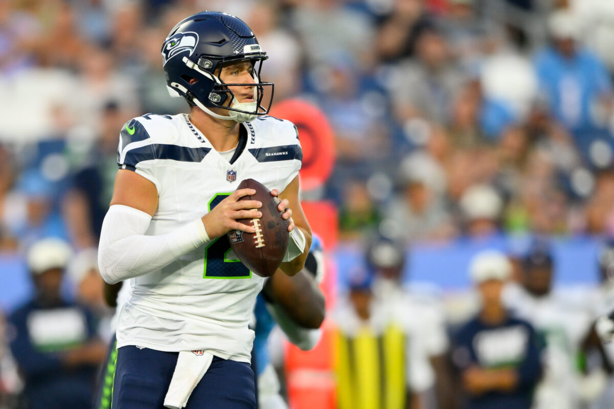 Aug 23, 2026; Nashville, Tennessee, USA;  Seattle Seahawks quarterback Drew Lock (2) stands in the pocket against the Tennessee Titans during the first half at Nissan Stadium. Mandatory Credit: Steve Roberts-Imagn Images
