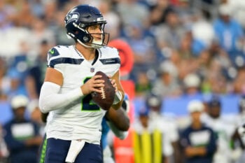 Aug 23, 2026; Nashville, Tennessee, USA;  Seattle Seahawks quarterback Drew Lock (2) stands in the pocket against the Tennessee Titans during the first half at Nissan Stadium. Mandatory Credit: Steve Roberts-Imagn Images