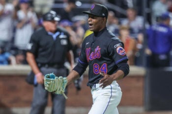 Aug 25, 2026; New York City, New York, USA;  New York Mets relief pitcher Jefry Yan (84) reacts after retiring the side in the ninth inning against the Milwaukee Brewers at Citi Field.  Mandatory Credit: Wendell Cruz-Imagn Images