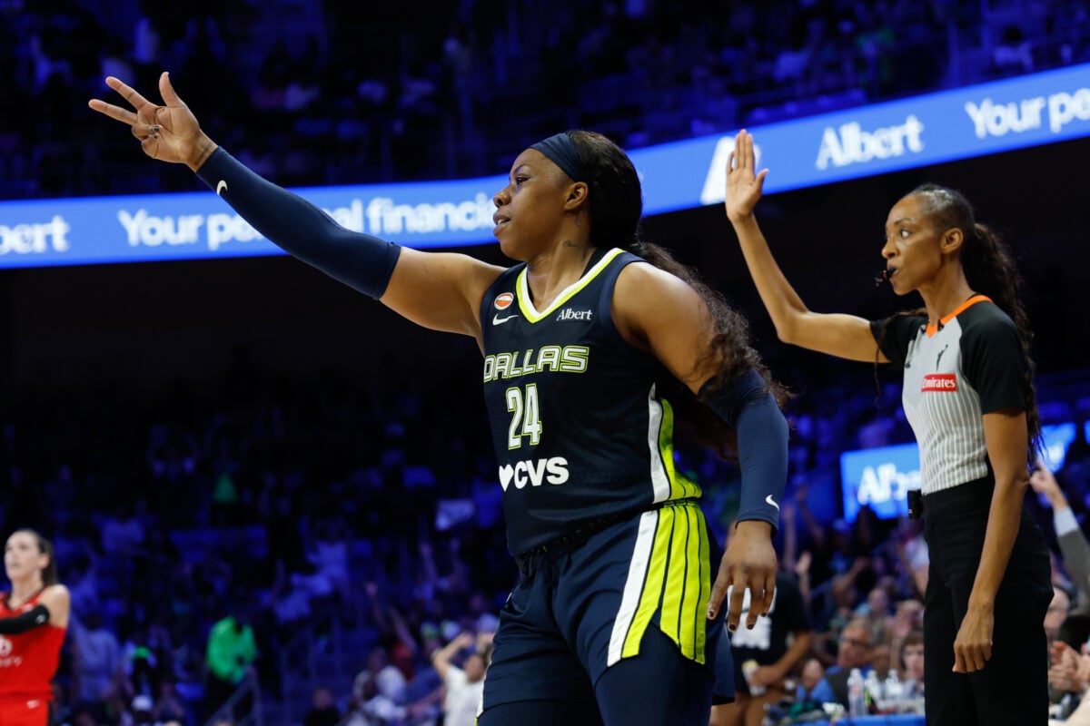 Aug 25, 2026; Arlington, Texas, USA;  Dallas Wings guard Arike Ogunbowale (24) reacts after scoring a three-point basket against the Portland Fire during the first half at College Park Center.  Mandatory Credit: Chris Jones-Imagn Images