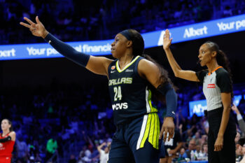 Aug 25, 2026; Arlington, Texas, USA;  Dallas Wings guard Arike Ogunbowale (24) reacts after scoring a three-point basket against the Portland Fire during the first half at College Park Center.  Mandatory Credit: Chris Jones-Imagn Images