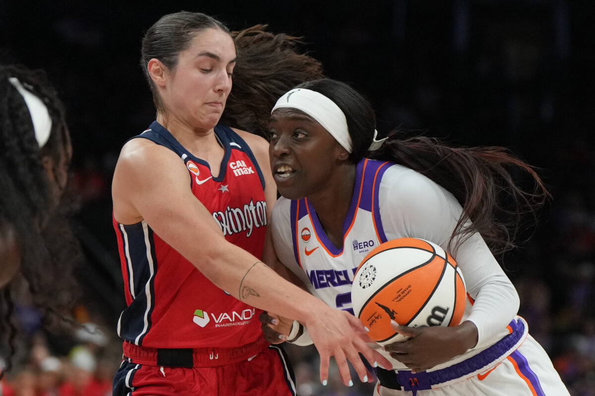 Aug 25, 2026; Phoenix, Arizona, USA;  Phoenix Mercury guard Kahleah Copper (2) drives on Washington Mystics guard Georgia Amoore (8) in the second half at Mortgage Matchup Center.  Mandatory Credit: Rick Scuteri-Imagn Images